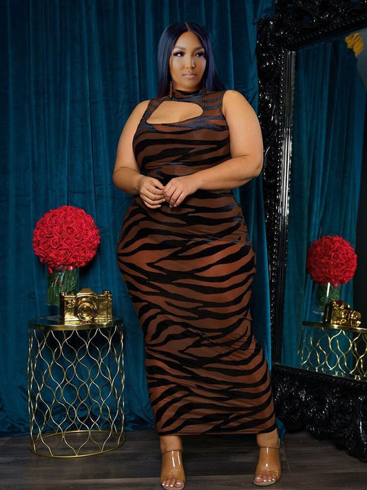 Zebra Print Sleeveless Maxi Dresses Plus Size
