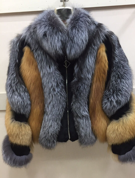 Triple Color Pattern Real Fur Coats Unisex