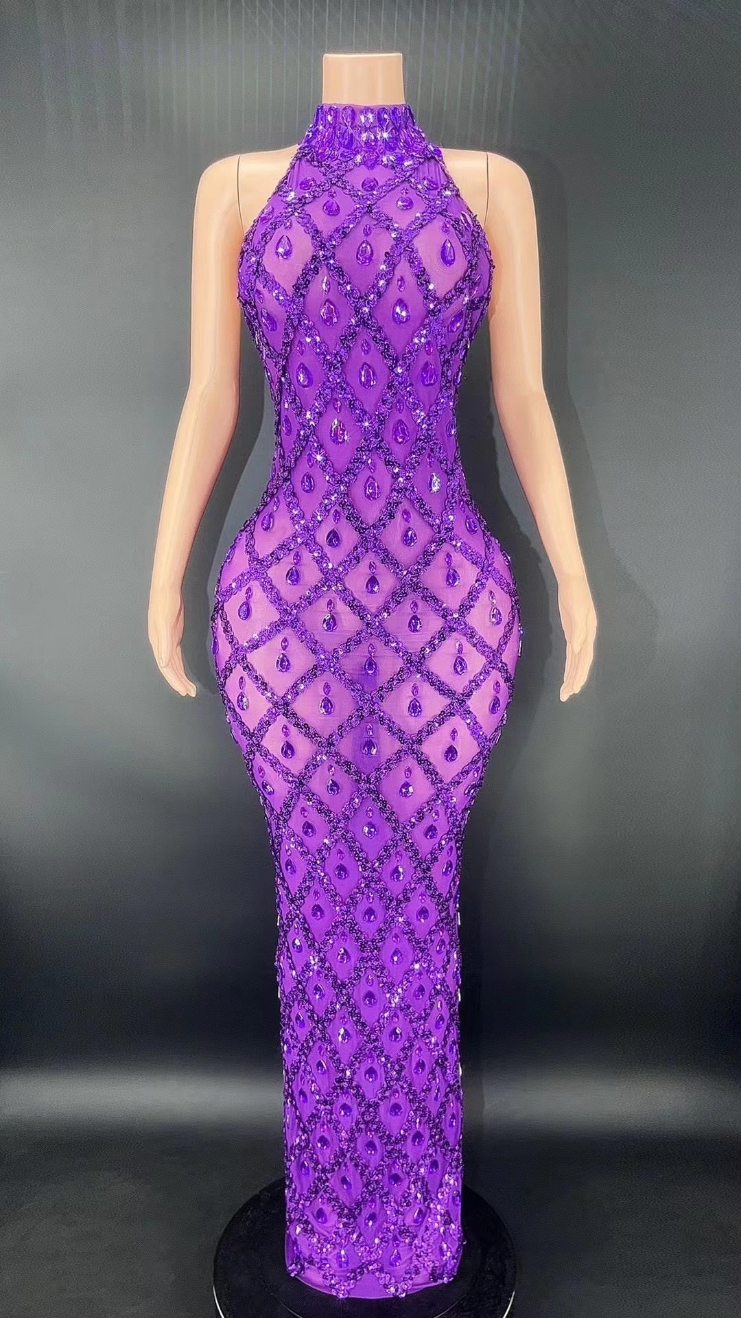 Purple Rhinestones Full Wrap Halter Sleeveless Dress