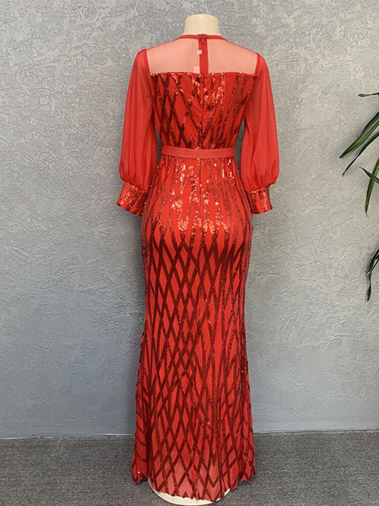 Sequins Mesh Puff Sleeve Maxi Dresses