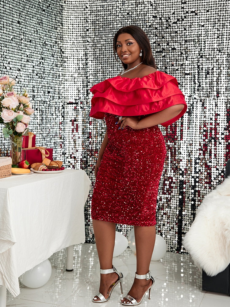 Red Off Shoulder Ruffles Sequin Dress