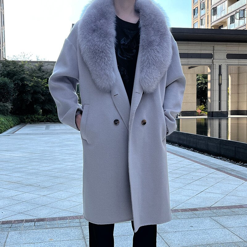 Real Wool Detachable Big Real Fox Fur Collar Long Coats