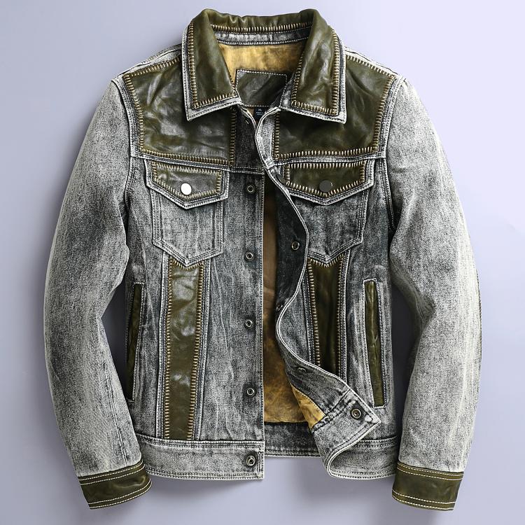 Genuine Leather Vintage Gray Denim Jacket