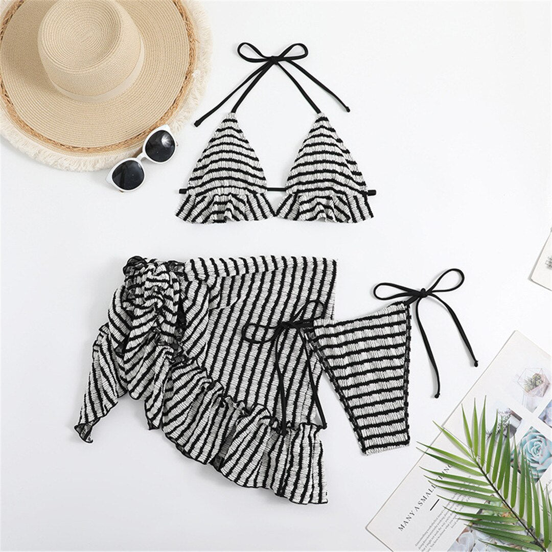 Striped Ruffled Sarong Bikini Set & Mini Skirt