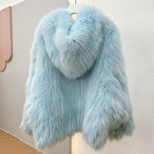 Luxury Knitted Hooded Bat Sleeved Real Fur Coats