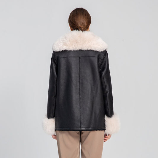 Genuine Leather Coats Real Shearling Fur Collar & Cuffs