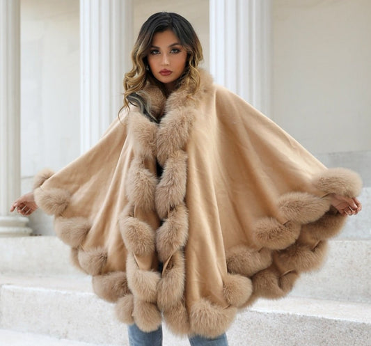 Cashmere Fox Fur Trim Ponchos