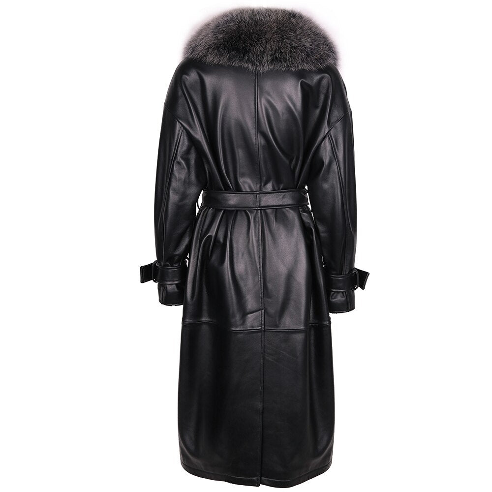 Genuine Leather Long Trench Coats Real Fur Collar