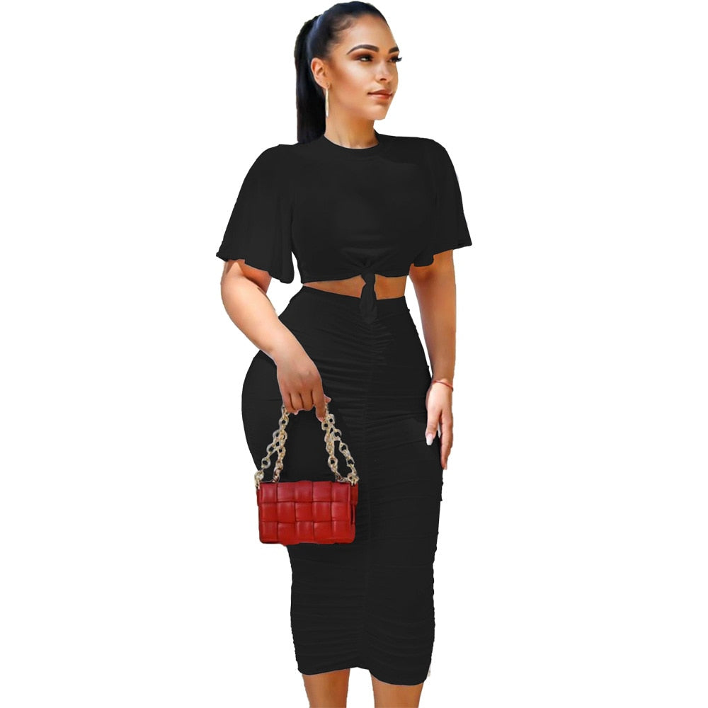 Solid Tie Hem Crop T & Midi Ruched Skirt Sets