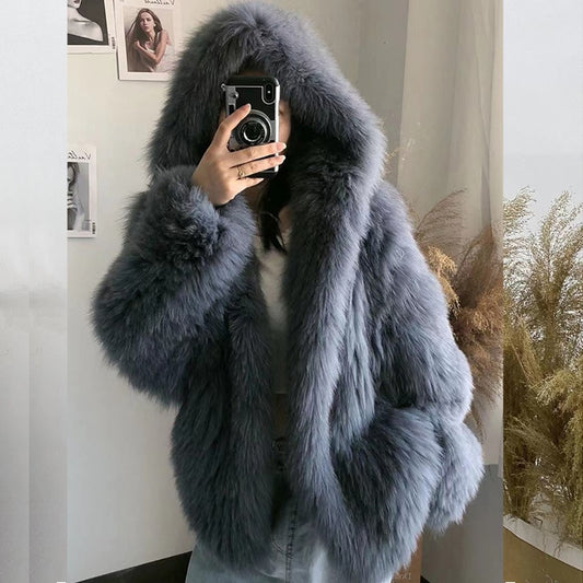 Luxury Knitted Hooded Bat Sleeved Real Fur Coats