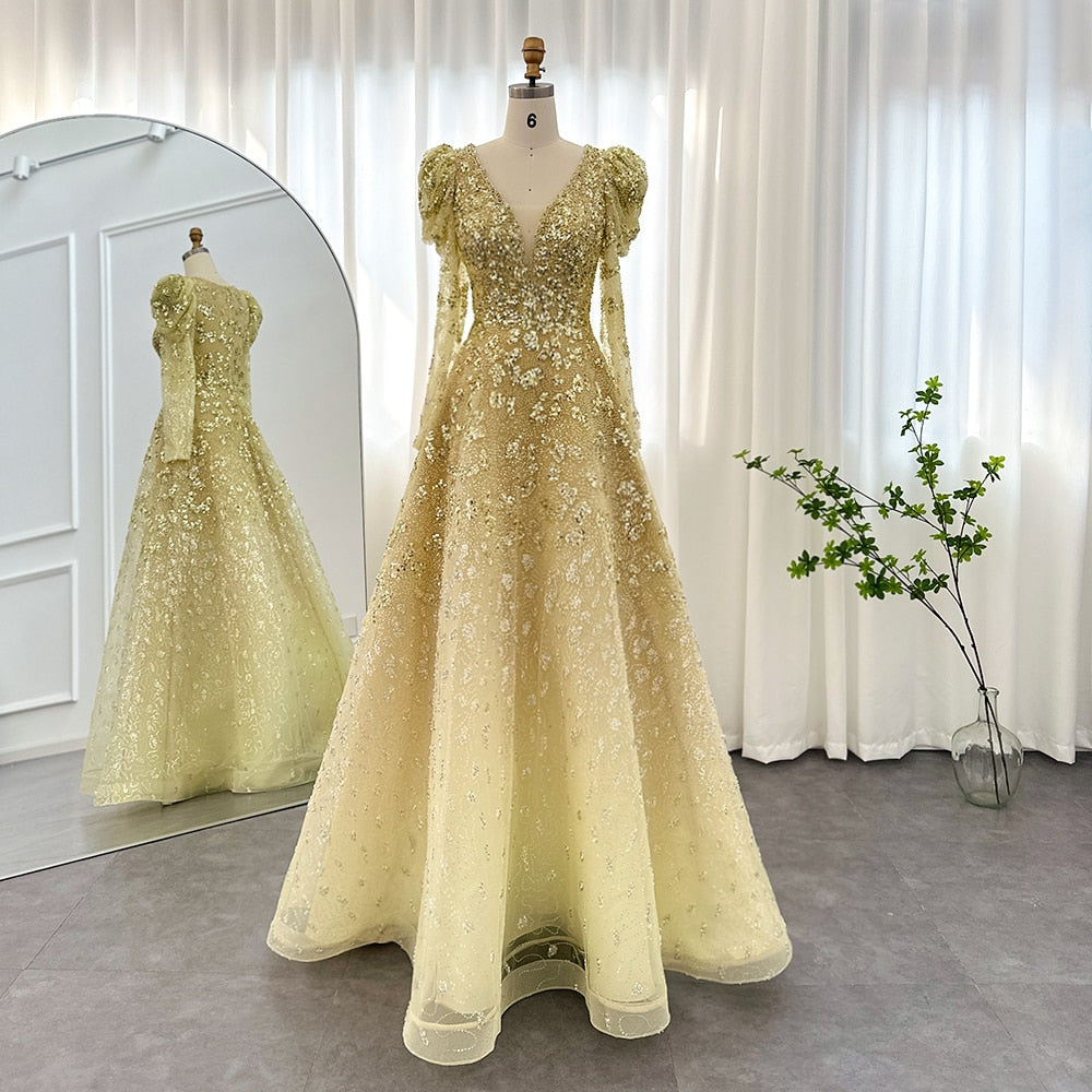 Puff Shoulder Long Sleeve Floor-Length Gowns