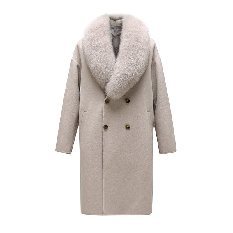 Real Wool Detachable Big Real Fox Fur Collar Long Coats