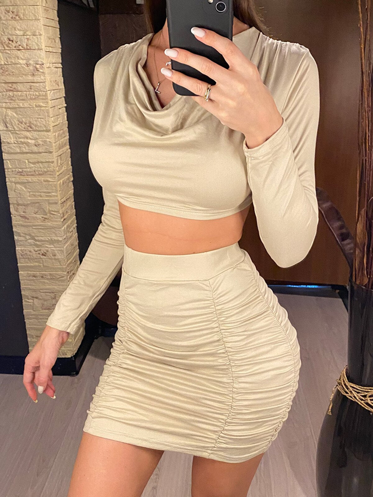 Crop Pleated Long Sleeve & Mini Skirt Set