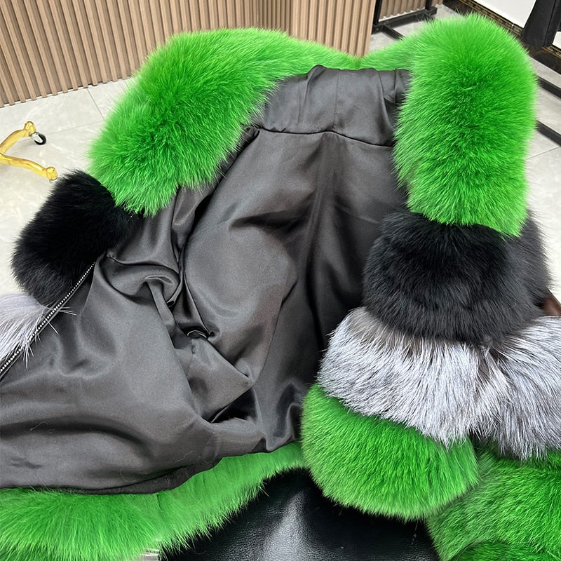 Green Black Silver Genuine Fur Coat