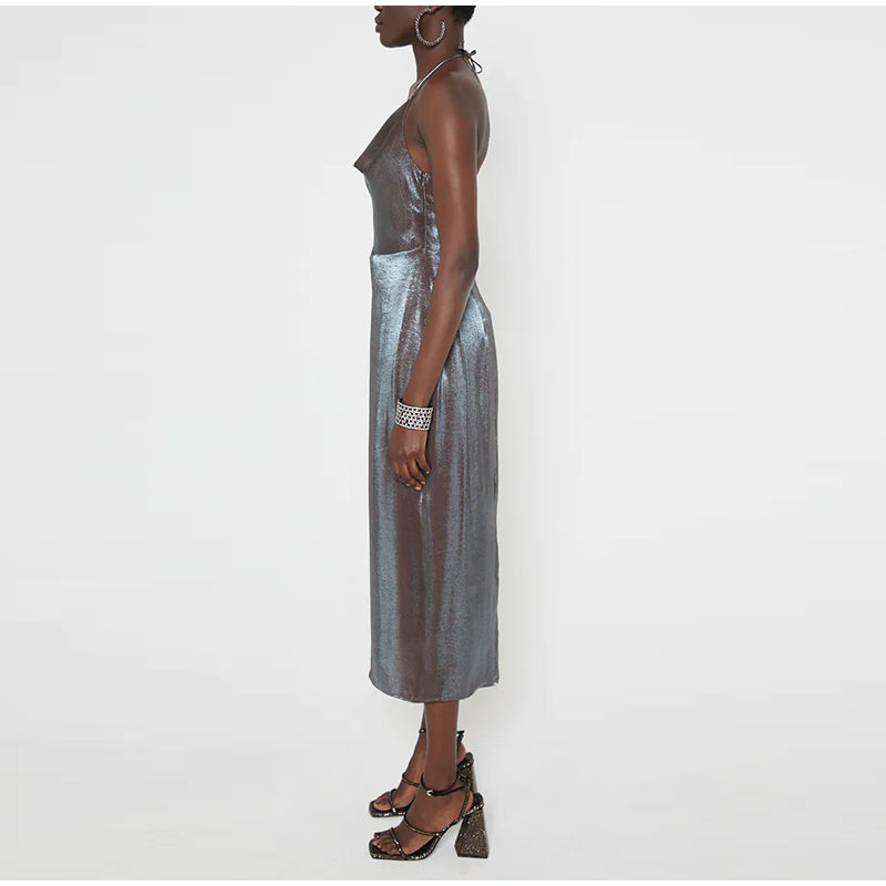 Grey Satin Backless Midi Dresses
