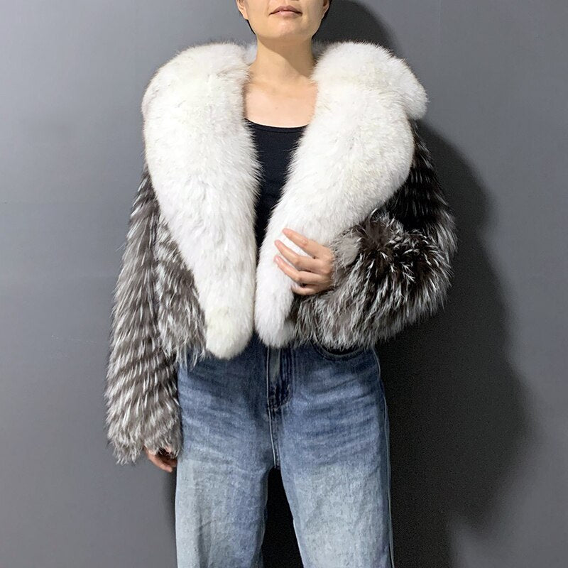 Striped Real Silver Fox Fur Coat with Big Fox Collar