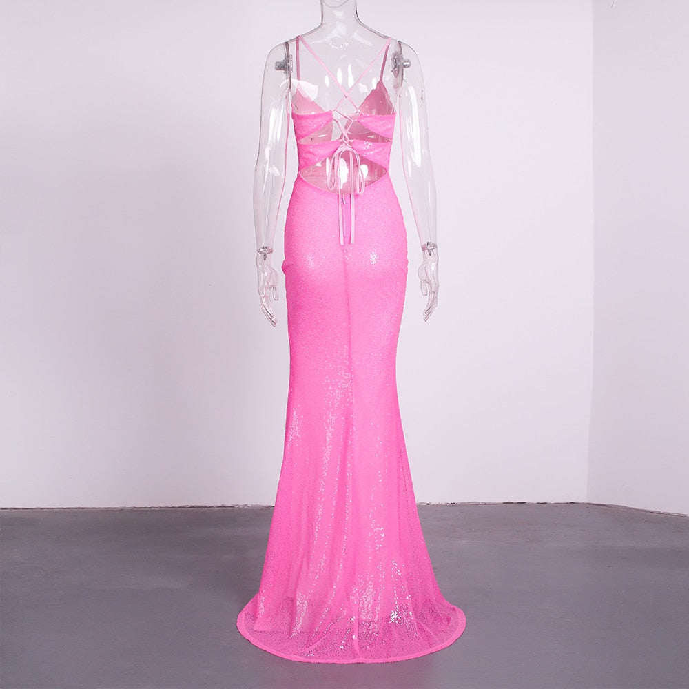 Pink Slit Hollow V Neck Backless Maxi Dress