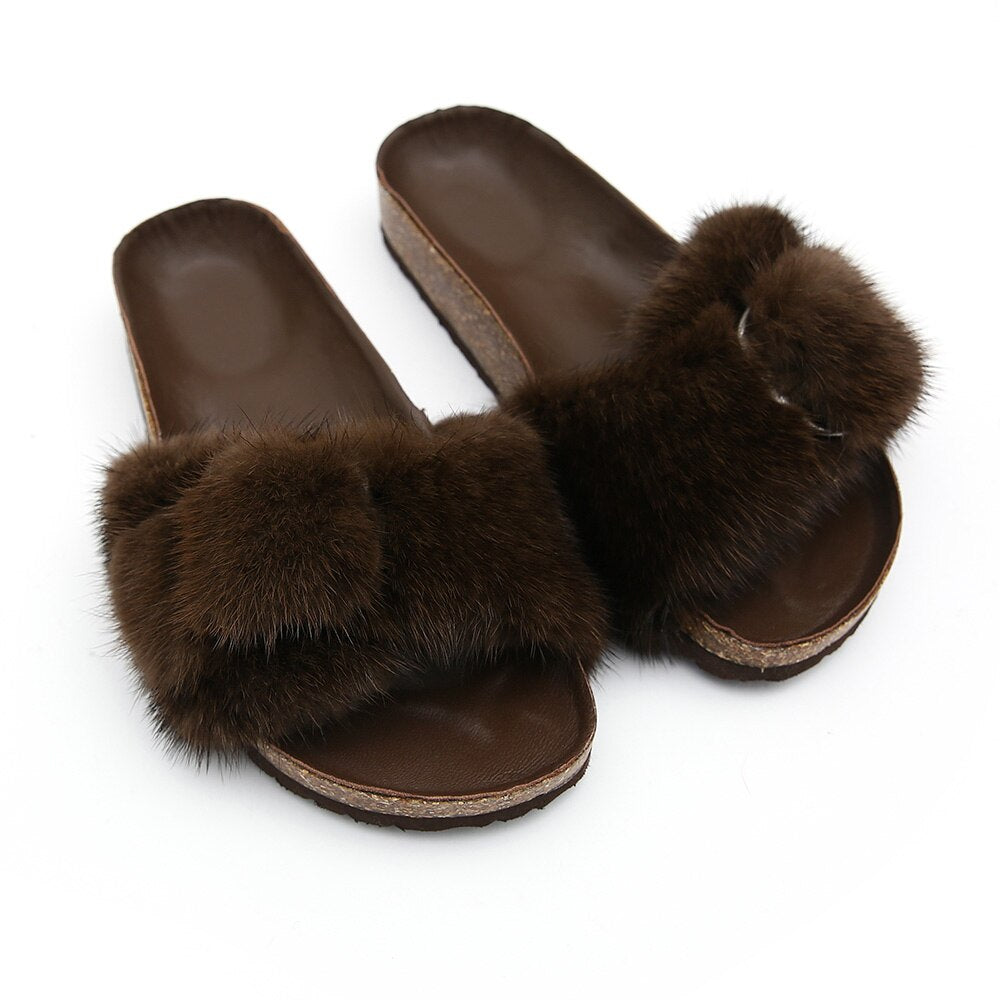 Real Mink Fur Slides Outdoor Flip Flops, Slippers
