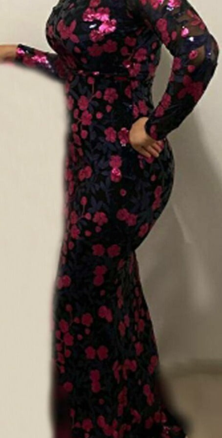 Sequin Flowers Sleeved Mermaid Maxi Dress