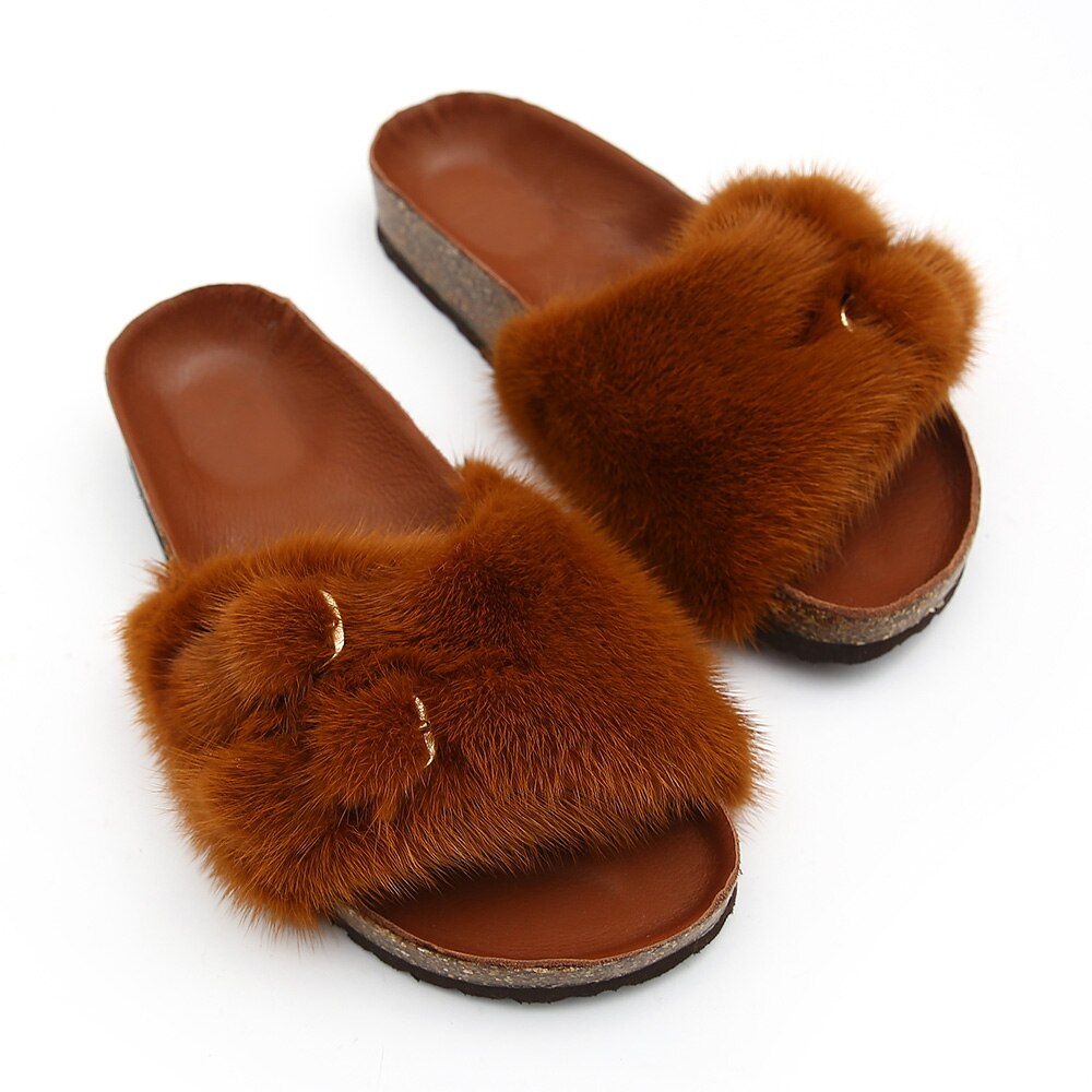 Real Mink Fur Slide Outdoor Flip Flops, Slipper