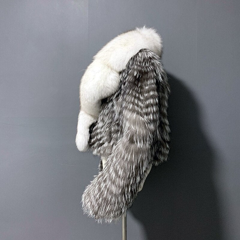 Striped Real Silver Fox Fur Coat with Big Fox Collar