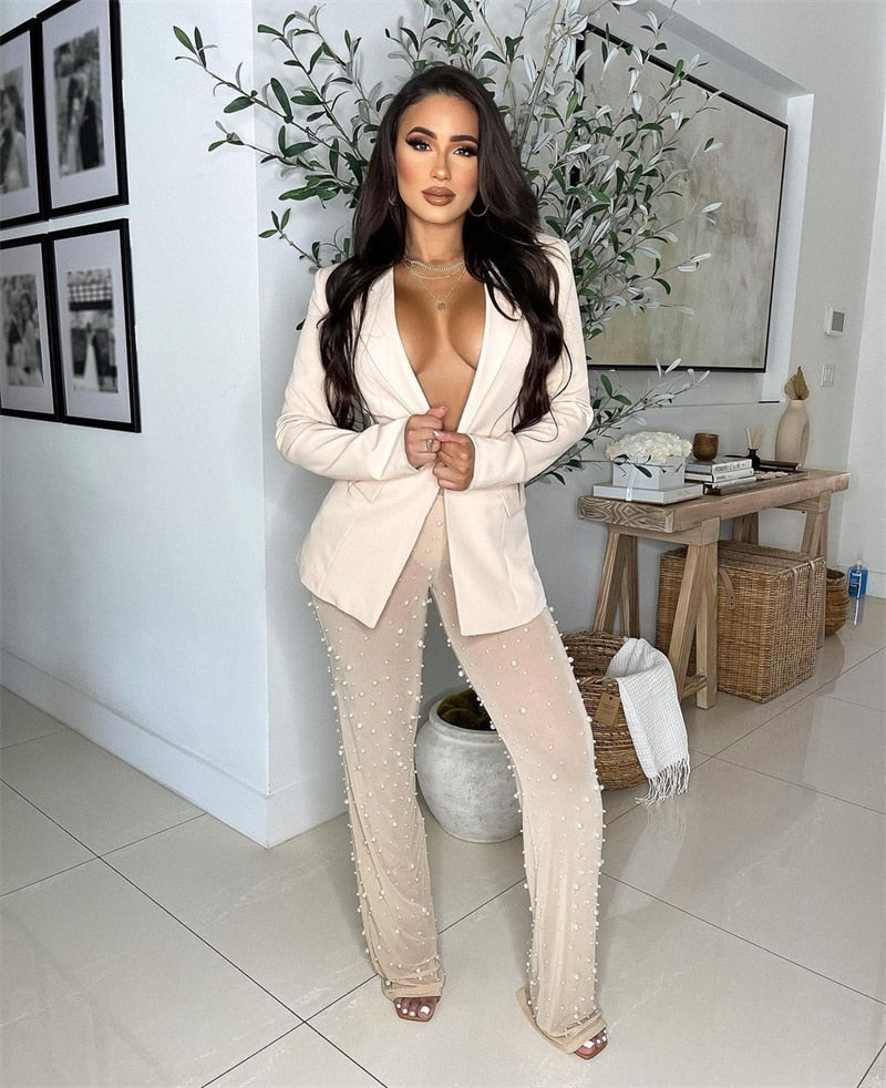 Deep V Blazer & Mesh Pearls Pants Sets