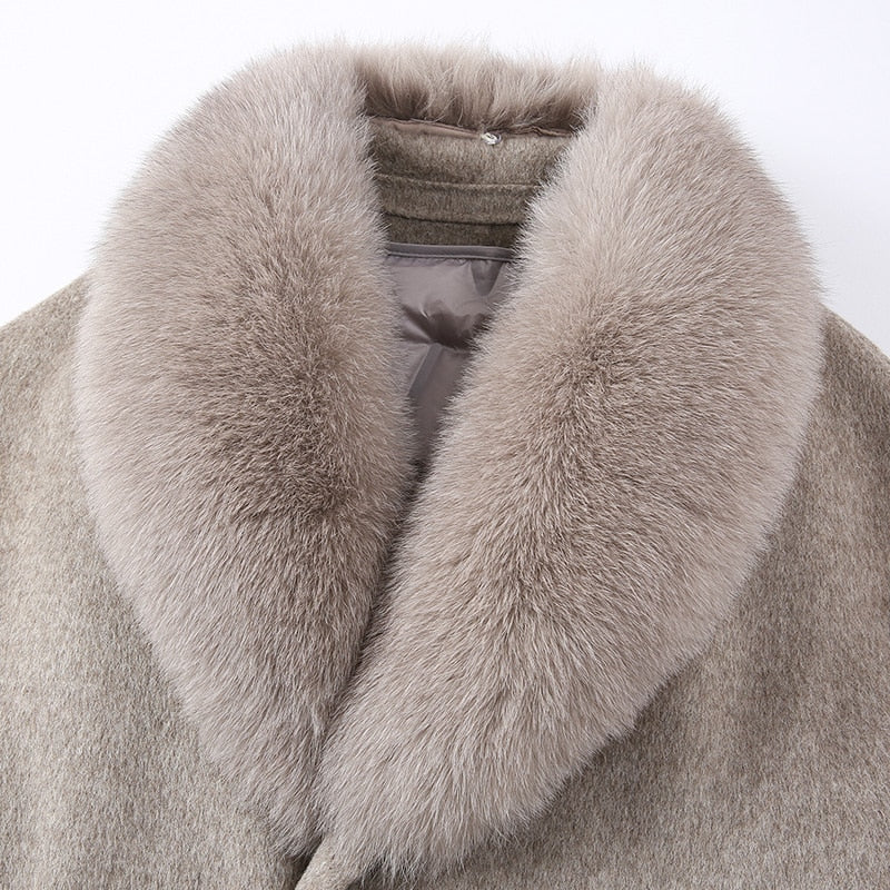 Real Wool Detachable Big Real Fox Fur Collar Long Coats