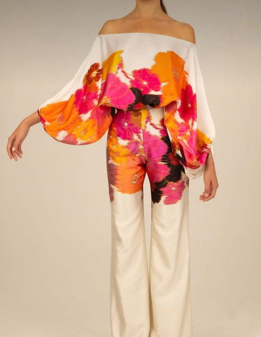 Satin Off Shoulder Lantern Sleeve Top & Wide Leg Pant Sets