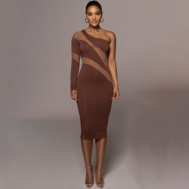 Mesh Slices Long Sleeve Bodycon Midi Dresses