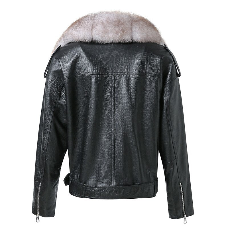 Reptile Genuine Leather Jacket Real Fox Fur Collar