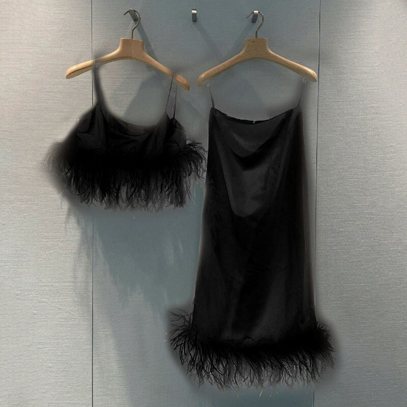 Ostrich Feather Sleeveless Crop & Maxi Skirt Sets