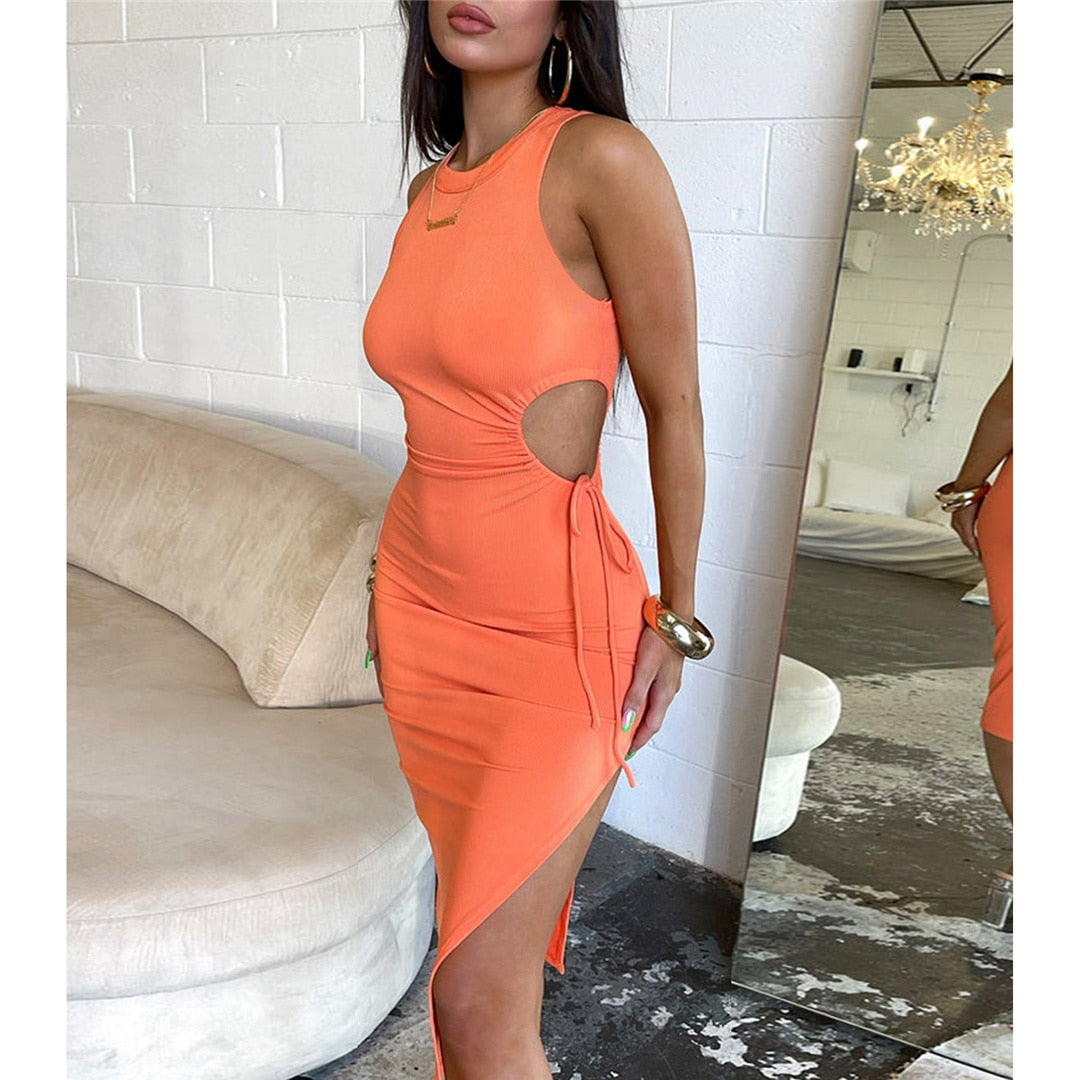 Orange O Neck Sheath Split Mini Dress