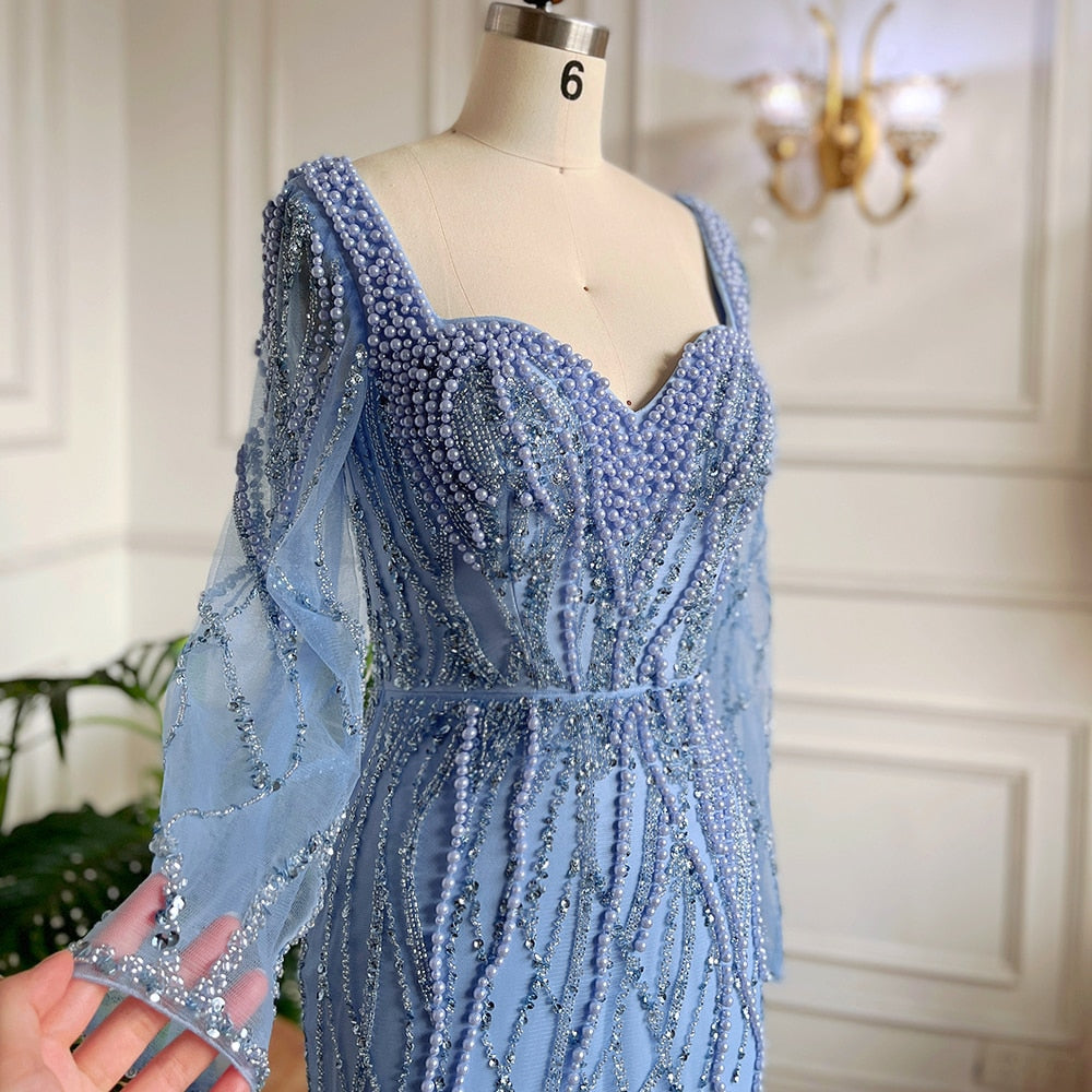 Luxury See Through Pearls Beaded Mermaid Maxi Dresses