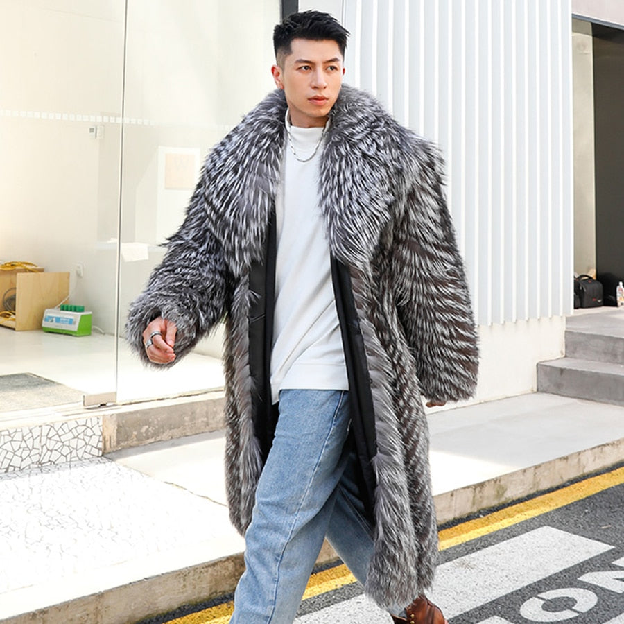 Sliver Knitted Pattern Real Fox Fur Long Coat