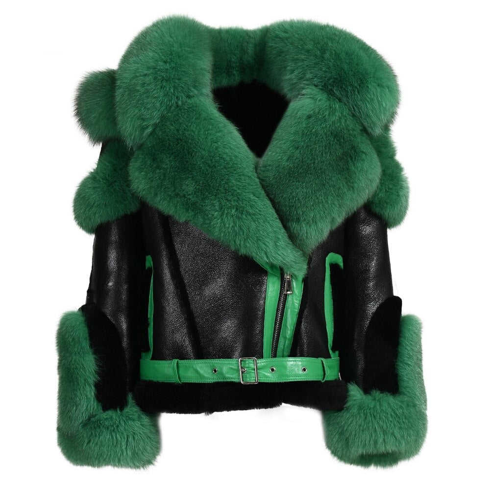 Genuine Leather Fur Moto Shearling Liner Fur Collar Parka