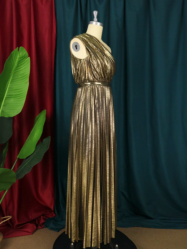 Metallic Pleated One Shoulder Sleeveless Maxi Dress