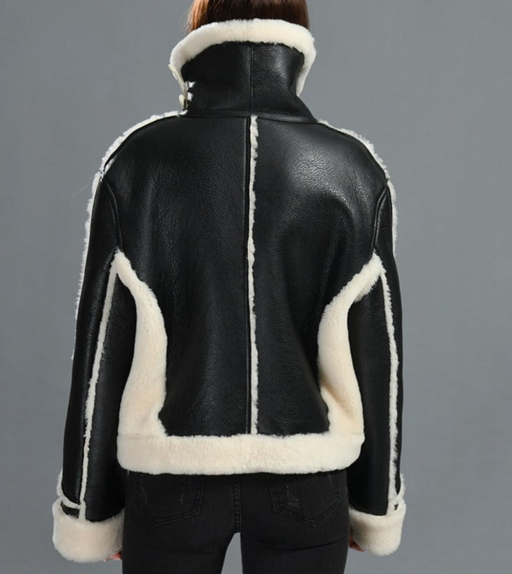 Genuine Leather Shearling Double Face Fur Coat