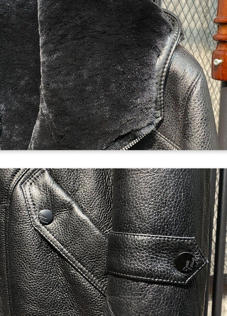 Genuine Leather Coats Black Real Shearling Fur Hooded