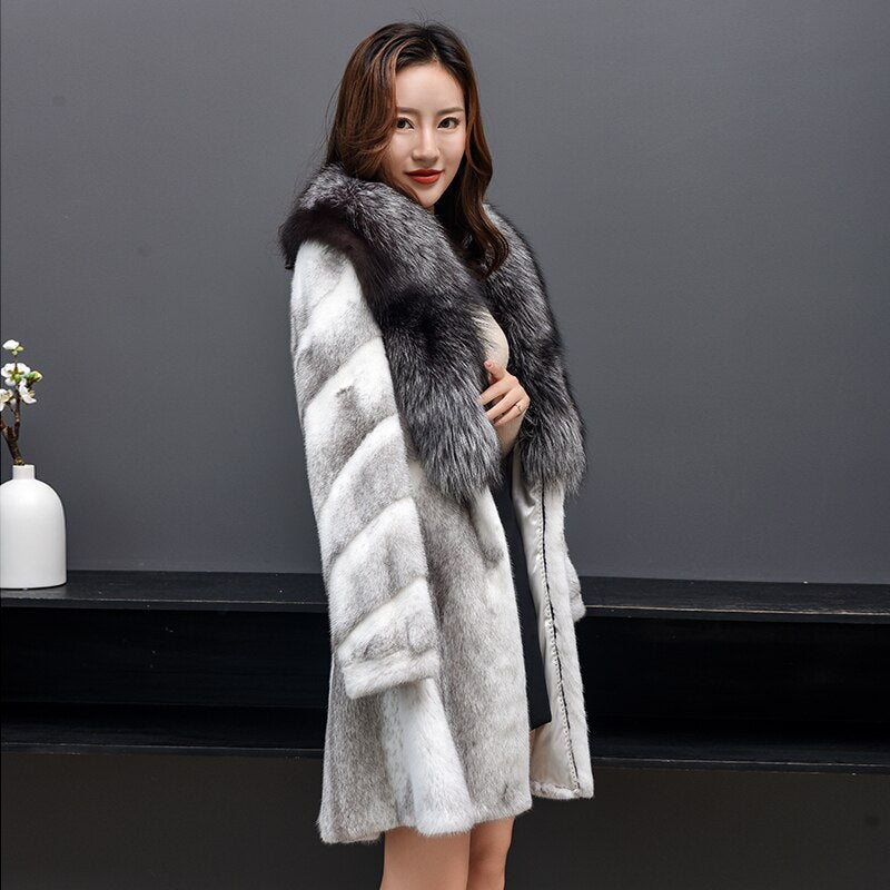 Real Mink Fur Coat Fox Fur Collar Mid-length