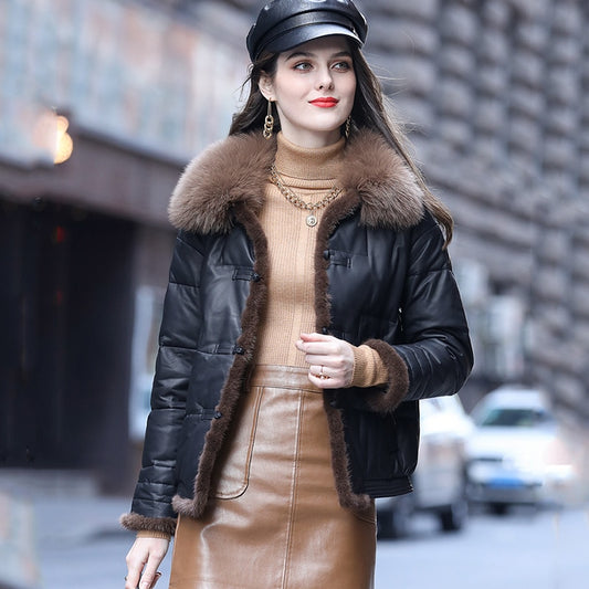 Genuine Leather Down Jacket Fox Fur Collar Short