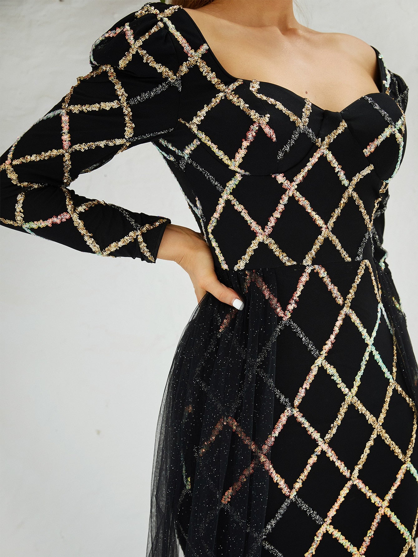 Sequin Mesh Side Drape Sleeved Maxi Dress