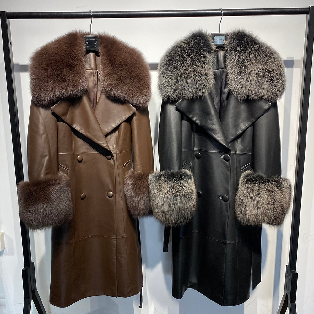 Genuine Leather Trench Coats Real Fur Big Collar & Cuffs