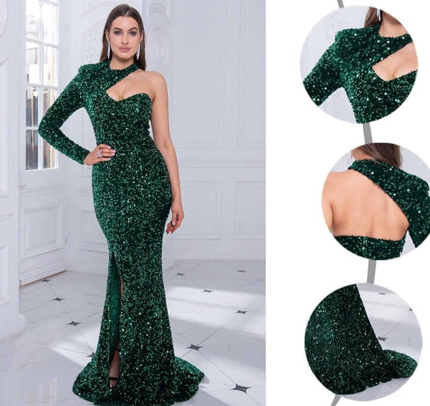 Sequin One Long Sleeve Maxi Evening Gowns