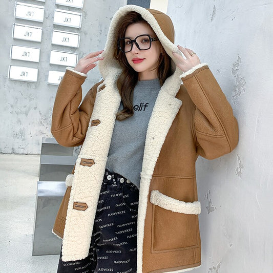 Genuine Leather Coats Hooded Merino Shearing Fur Lining