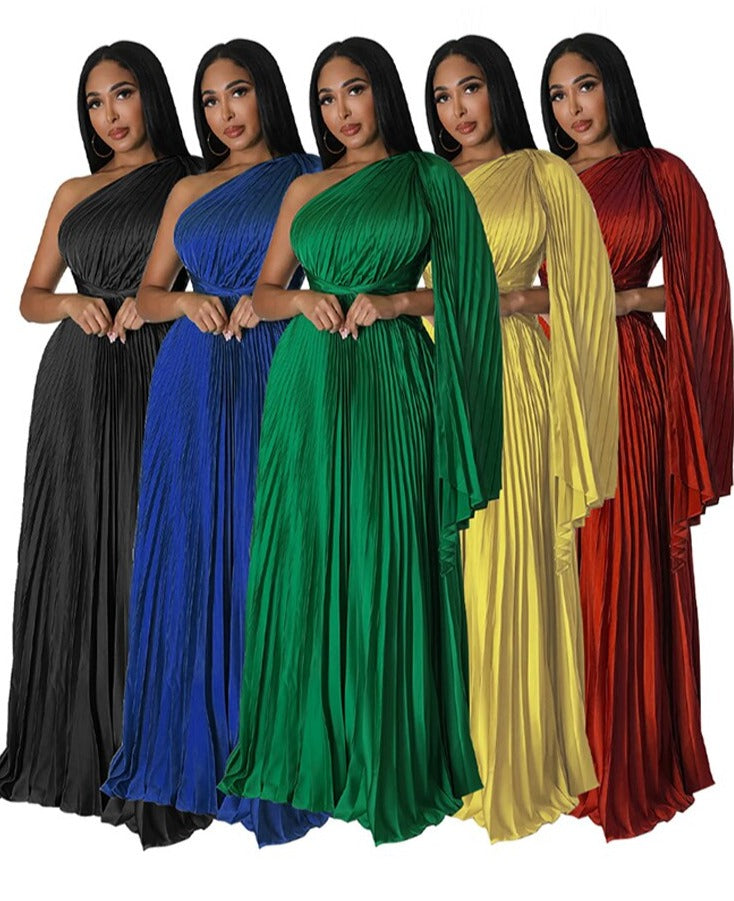 Satin Pleated Drape Sleeve Floor-Length Dresses