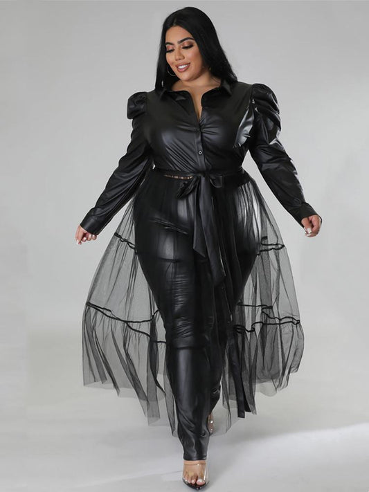 Pu Leather Jumpsuit with Mesh Dress Plus Size