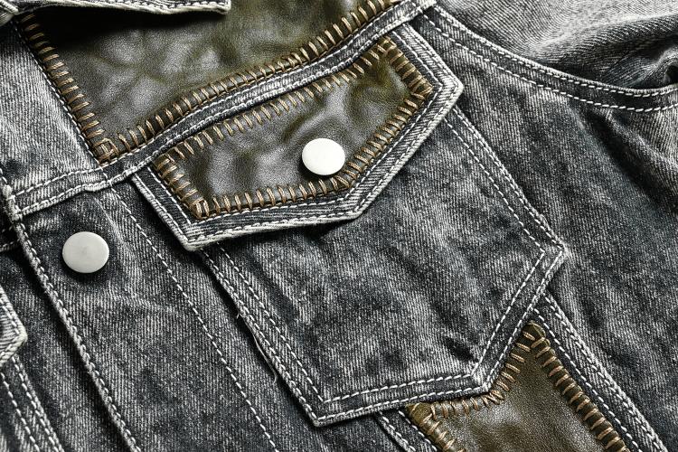 Genuine Leather Vintage Gray Denim Jacket