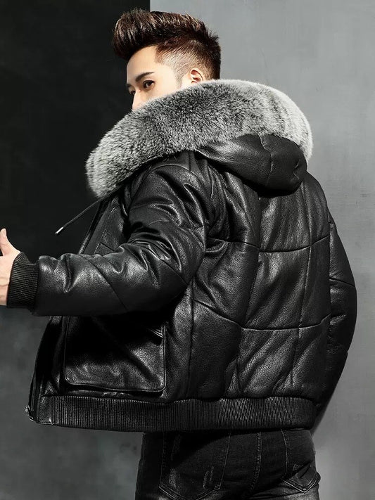 Genuine Leather Down Jacket Real Silver Fur Parka