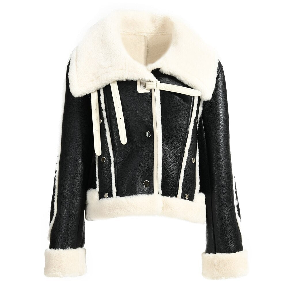 Genuine Leather Shearling Double Face Fur Coat