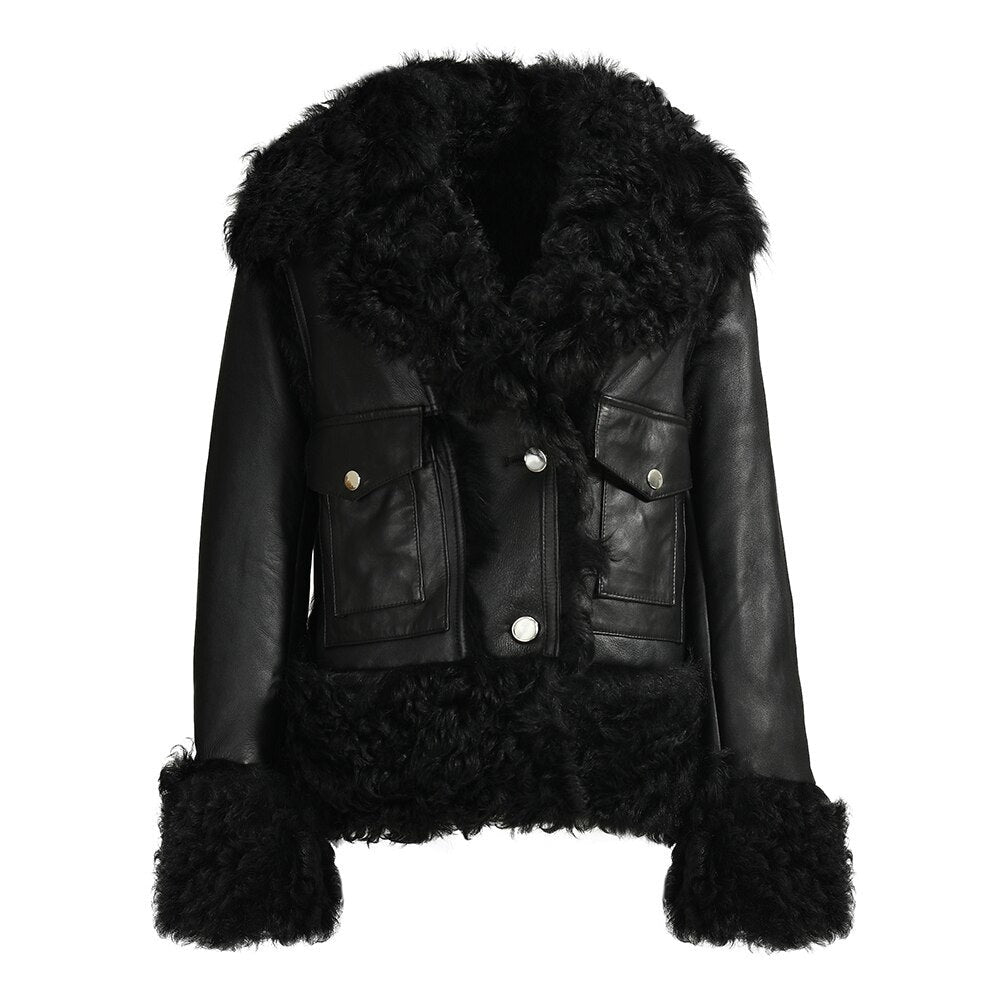 Genuine Leather Coat Curly Shearling Fur